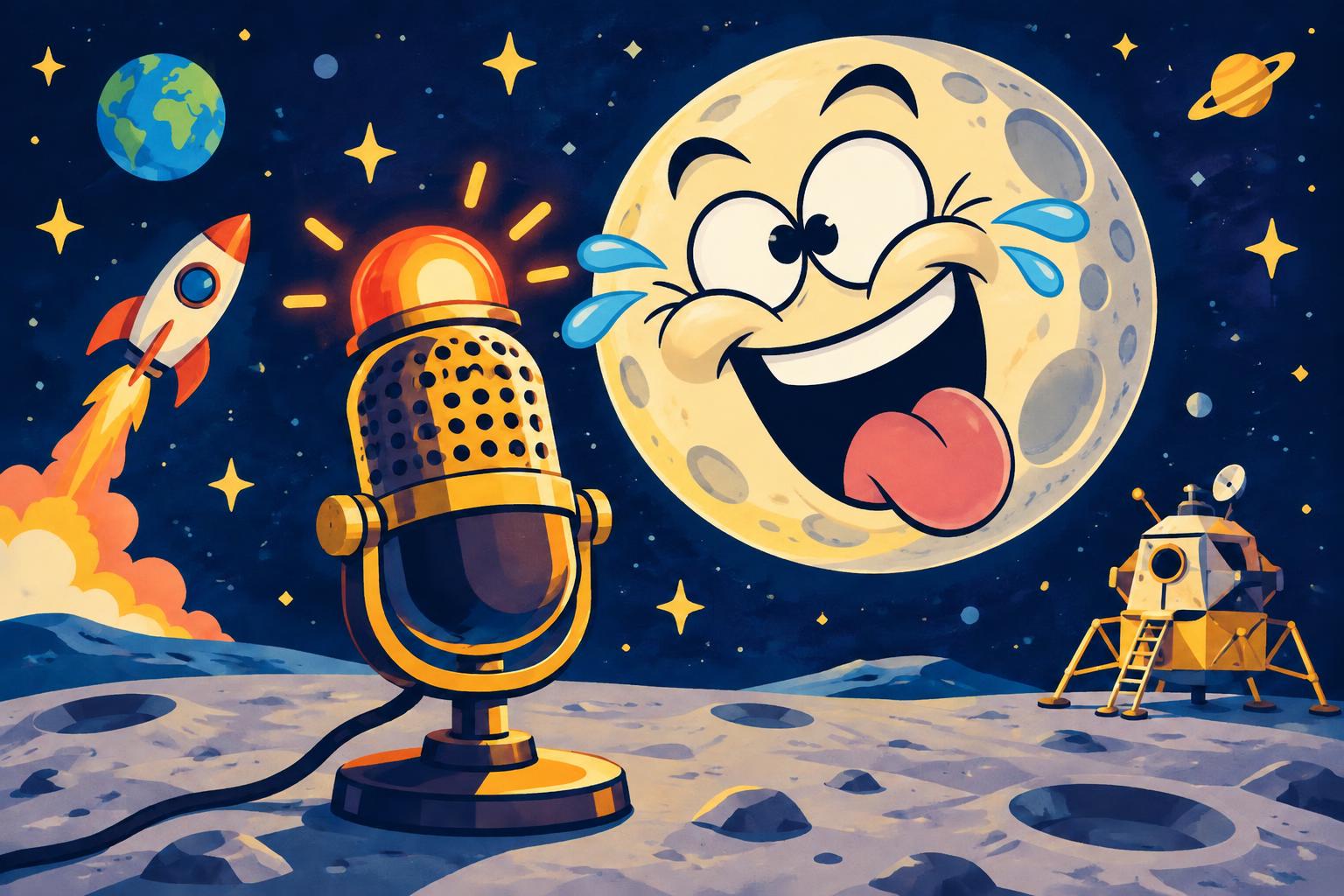 A hilariously laughing cartoon Moon next to a glowing on-air microphone